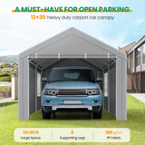 COBIZI Carport Canopy 12x20 Heavy Duty Portable Garage with Roll-Up Ventilation Windows & Doors, Removable Sidewalls Car Canopy Car Tent Waterproof with Built-in Sandbags for Cars, Boats, Trucks, Gray COBIZI