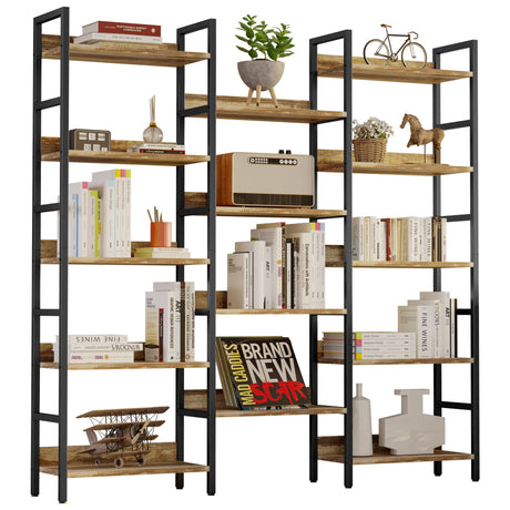 IRONCK Bookcases and Bookshelves Triple Wide 5 Tiers Industrial Bookshelf with Baffles Large Etagere Bookshelf with Metal Frame for Living Room Home Office IRONCK