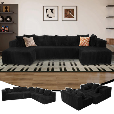 130" Cloud Boneless Sectional Couches for Living Room, U Shaped Sleeper Sofa Bed with Deep Seat Chaise, High Density Foam Compression Sofa, Modular Black Corduroy Couch with 8 Pillows No Assembly