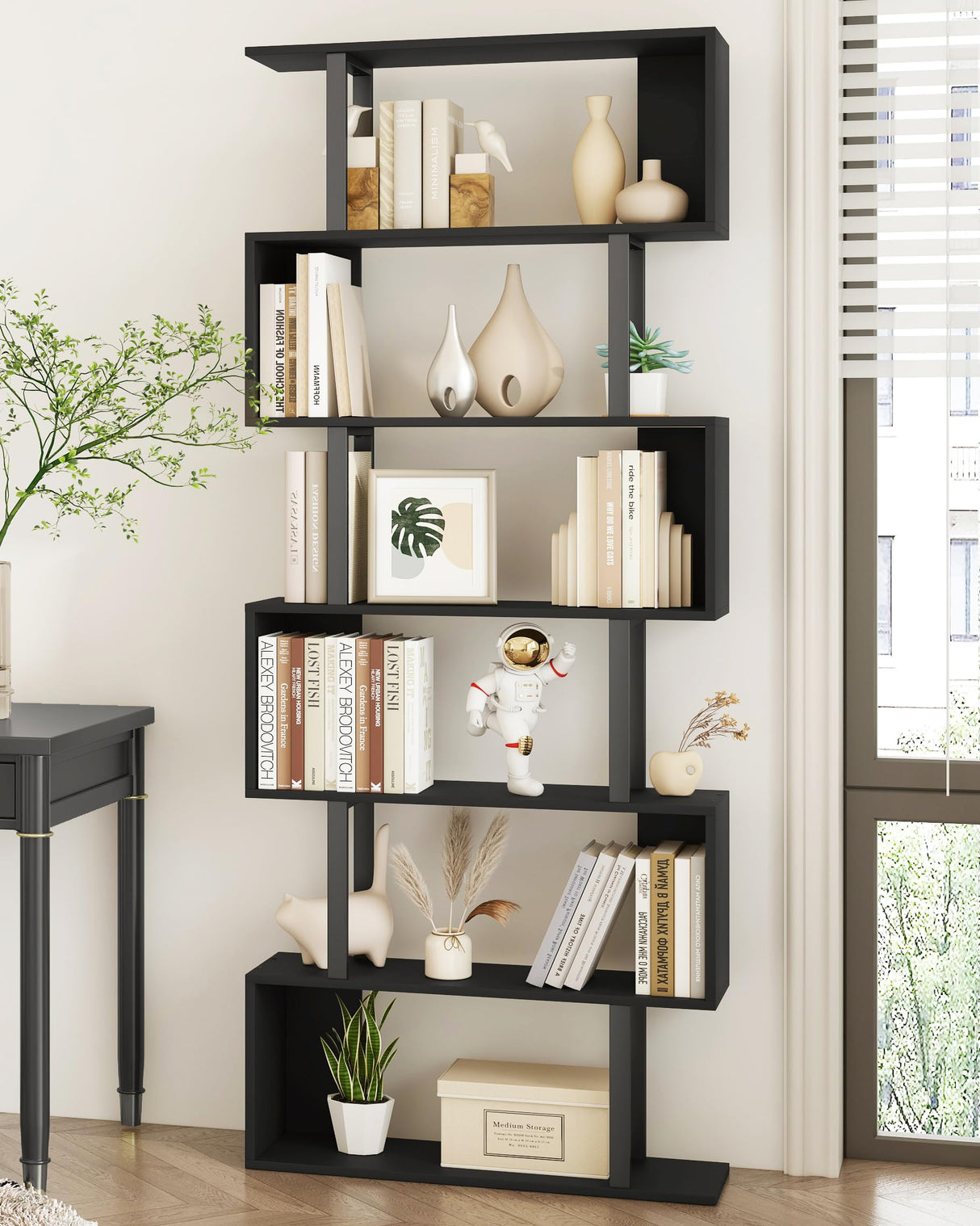 Yusong S Shaped Bookshelf, Modern Geometric Bookcase, 6-Tier Black Display Case Book Shelf Yusong