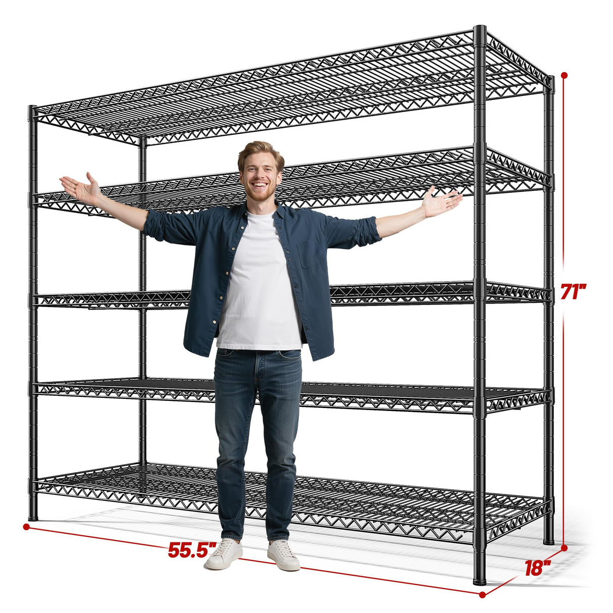 REIBII 55.5" W Storage Shelves 3200LBS Metal Shelving 5 Tier Wire Shelving Unit Garage Shelving Heavy Duty Metal Shelves for Storage Rack Commercial Adjustable Pantry Shelf, 55.5" W X 18''D X 71" H REIBII