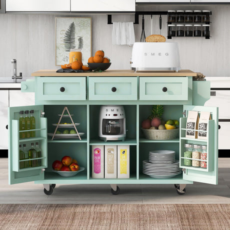 Merax Kitchen Cart Island with Drop-Leaf Countertop on 5 Wheels, Cabinet Door Internal Storage Racks for Dinning Room, Mint Green Merax