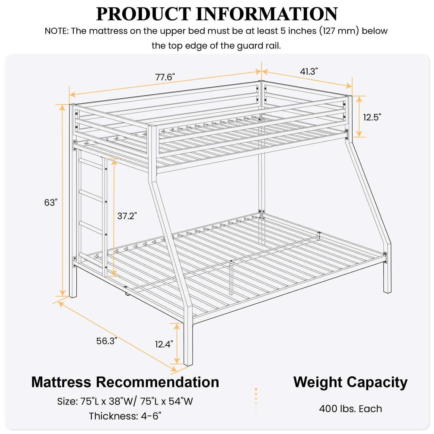 SHA CERLIN Loft Bunk Bed Twin Over Full Size with Ladder and Guardrail,Heavy Duty Metal Slats Support No Box Spring Needed Small Space Saving Furniture for Bedroom Dorm,Black