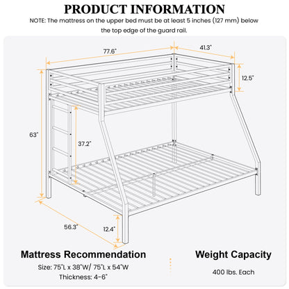 SHA CERLIN Loft Bunk Bed Twin Over Full Size with Ladder and Guardrail,Heavy Duty Metal Slats Support No Box Spring Needed Small Space Saving Furniture for Bedroom Dorm,Black