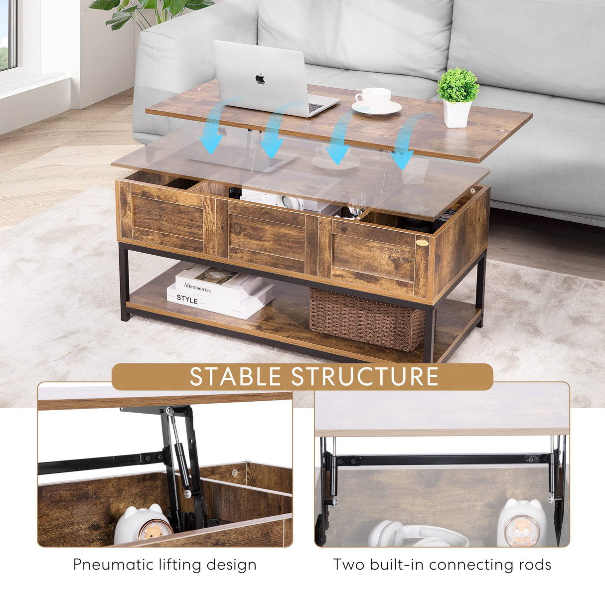 VIVOHOME Lift Top Coffee Table with Steel Frame, Dining Table with Open Storage and Hidden Compartment, Suitable for Living Room, Office, Small Apartment, Rustic Brown VIVOHOME