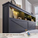 ACCOHOHO Black Farmhouse Wood Bed Frame with 52" Storage Headboard, LED Light & Charging Station ACCOHOHO