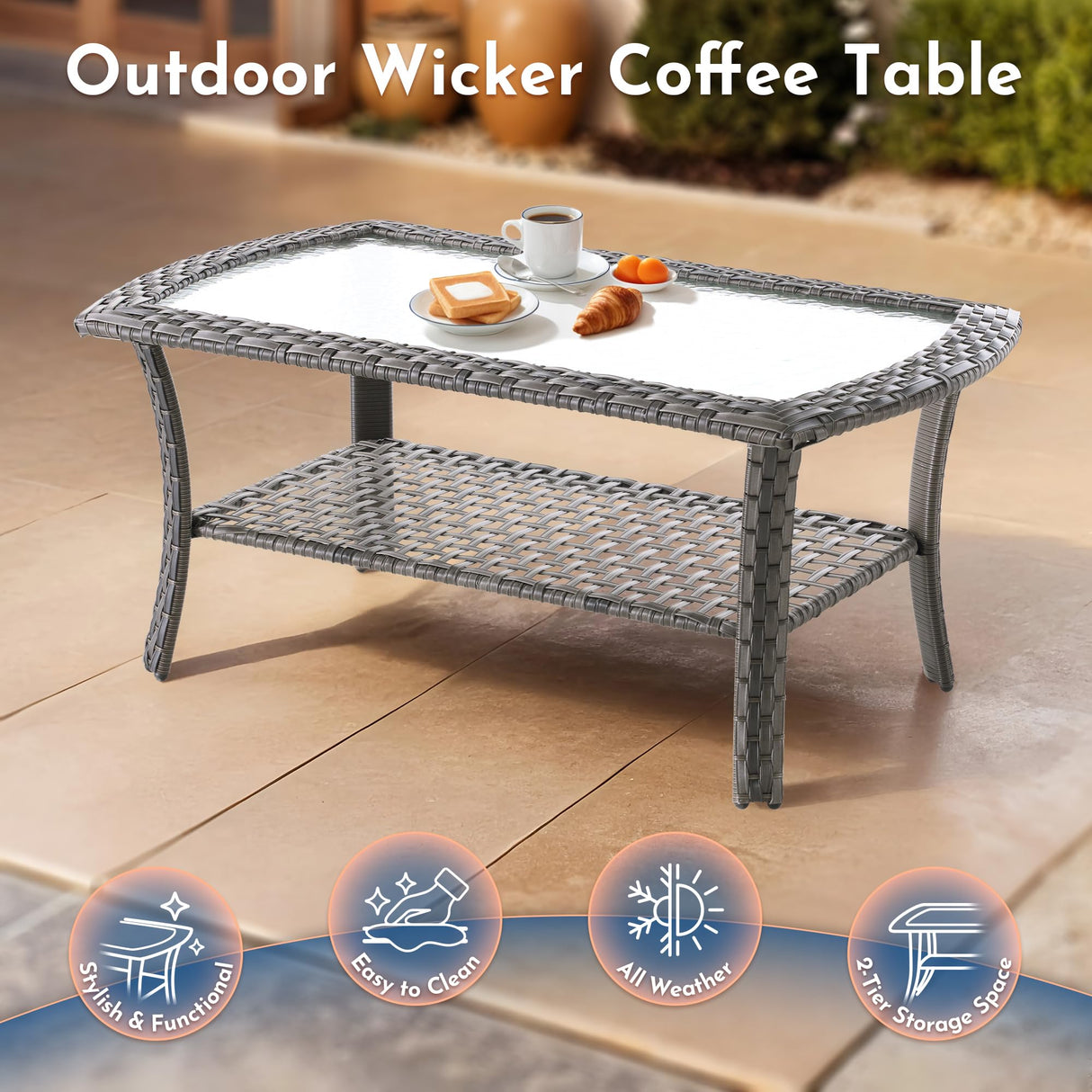 Weaxty Wicker Patio Furniture Set with Swivel Rocker Chairs Outdoor Loveseat Sofa and Rattan Coffee Table, 5 Pieces Outdoor Conversation Sets for Patio Porch Deck Backyard Poolside, Light Gray weaxty W