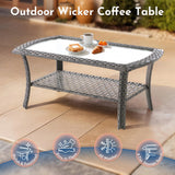 Weaxty Wicker Patio Furniture Set with Swivel Rocker Chairs Outdoor Loveseat Sofa and Rattan Coffee Table, 5 Pieces Outdoor Conversation Sets for Patio Porch Deck Backyard Poolside, Light Gray weaxty W
