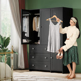 VOWNER Armoire Wardrobe Closet with Drawers and Mirror, 71" Clothing Storage Cabinet with Hanging Rod, 4 Doors Wooden Wardrobe Cabinet for Bedroom, Large Capacity Storage, Black VOWNER
