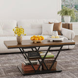 Espelism Coffee Table with Storage Industrial 3 Tier Center Living Room Table Farmhouse Wooden Rectangle Cocktail Rustic Tea Table for Office Bedroom(Brown)