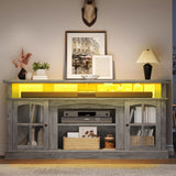 YITAHOME LED Farmhouse TV Stand for 75 Inch w/Outlets, Modern Entertainment Center with Glass Doors and Adjustable Storage Shelves, Media Console TV Cabinet for for Living Room, Grey YITAHOME
