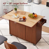 Lyromix Walnut 54" Rolling Kitchen Island Cart with Storage, Large Kitchen Cart with Folding Drop Leaf Breakfast Bar, Wood Island Table for Kitchen with 3 Drawers and Spice Rack & Towel Rack, Brown Lyromix