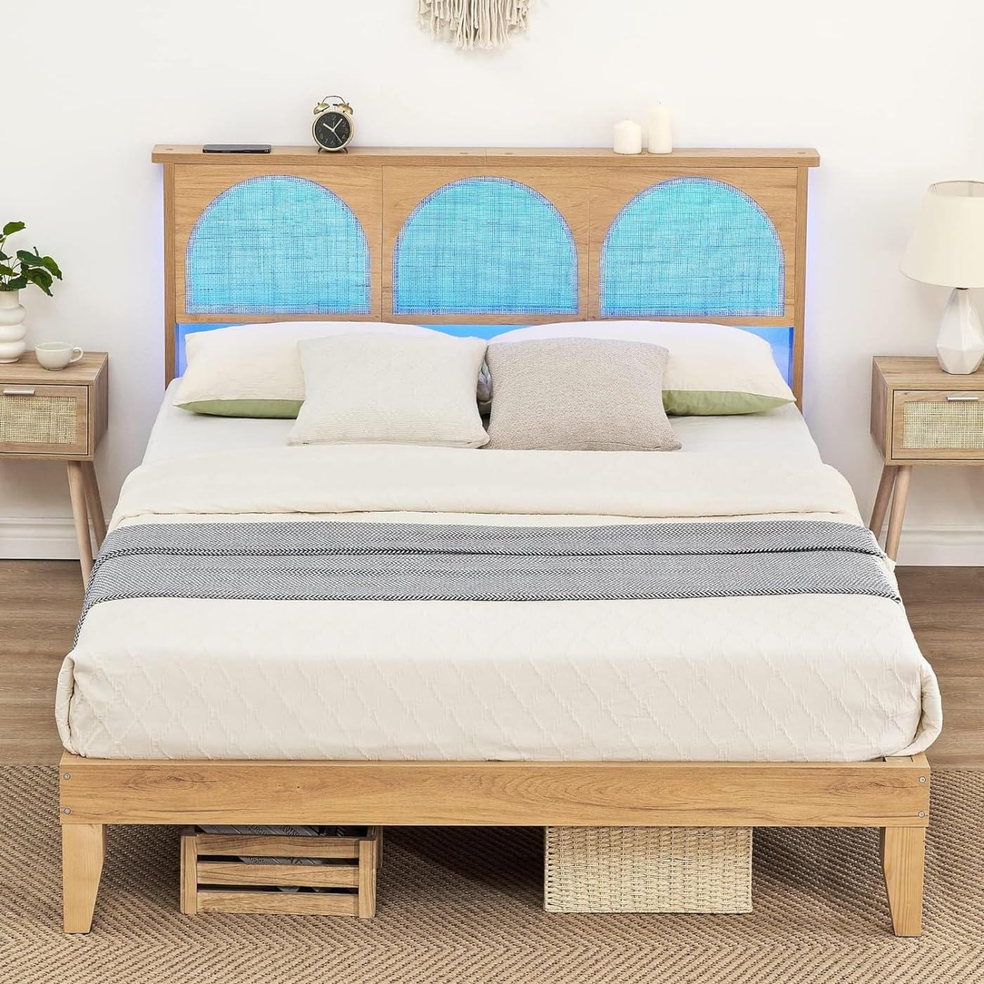 IDEALHOUSE LED Queen Bed Frame with Rattan Headboard and Underbed Storage - WoodArtSupply