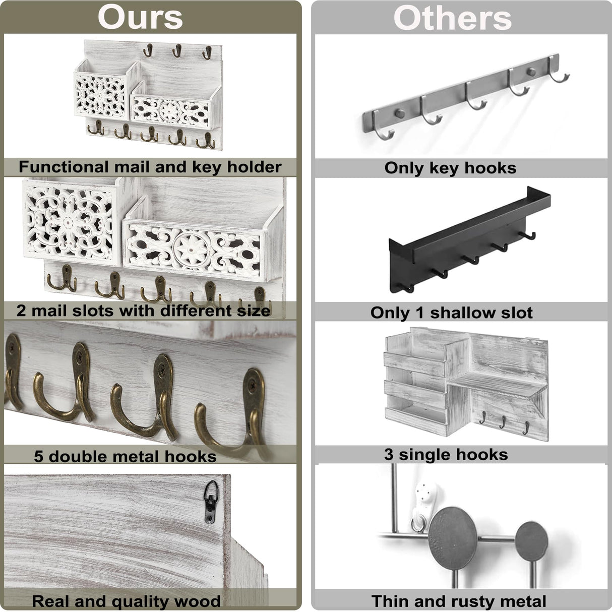 QILICHZ Key and Mail Holder for Wall,Decorative Key Holder Wall Mount,Wood Key Holder for Wall,Farmhouse Mail Key Organizer 13 Key Hooks,Rustic Key Hanger Wall Mount for Mail Envelope Letter Key,White QILICHZ