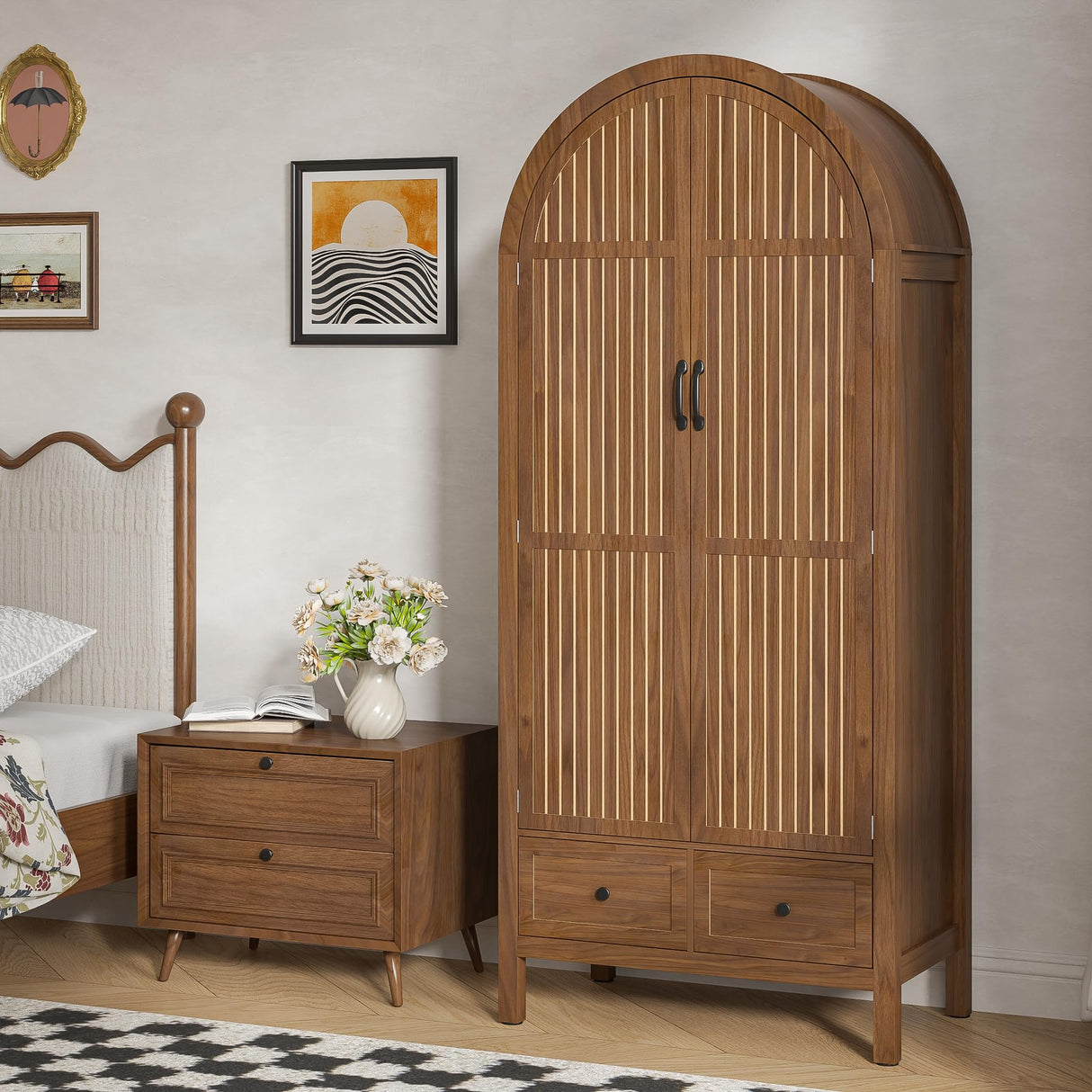 Lxsxlome Wardrobe Closet, Armoire Wardrobe Closet with Drawers and 2 Arched Fluted Doors, 70.87‘’ Tall Wooden Bedroom Armoires with Shelves and Hanging Rod (Walnut-2) Lxsxlome