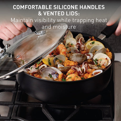 T-fal Ultimate Hard Anodized Nonstick Cookware Set 17 Piece, Oven Broiler Safe 400F, Lid Safe 350F, Kitchen Cooking Set w/ Fry Pans, Saucepans, Saute Pan, Griddle, Pots and Pans, Dishwasher Safe Black T-Fal
