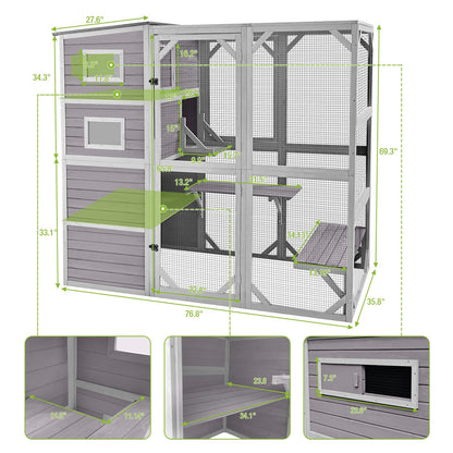 Large Cat Catio Kitty House wih 4 Tiers Cat House for Outdoor Cats Waterproof roof Cat Enclosures,77 Inch - WoodArtSupply