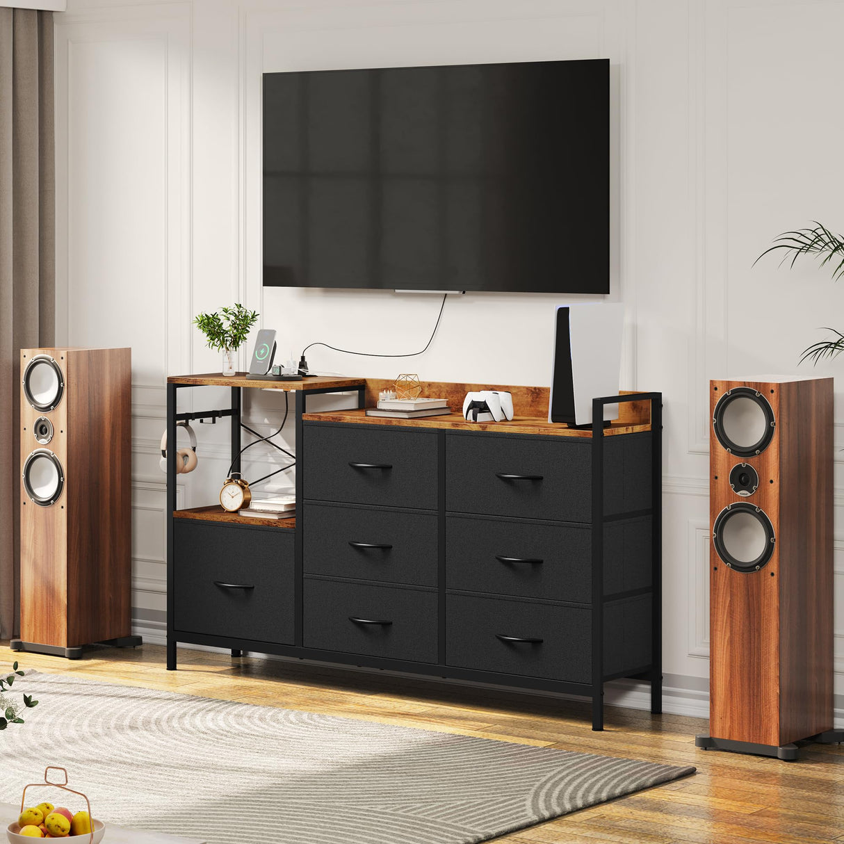 YITAHOME TV Stand with Charging Station, TV Dresser for 52'', Media Console Table, Long TV Stand for Living Room TV Stand with 7 Drawers and Shelves YITAHOME