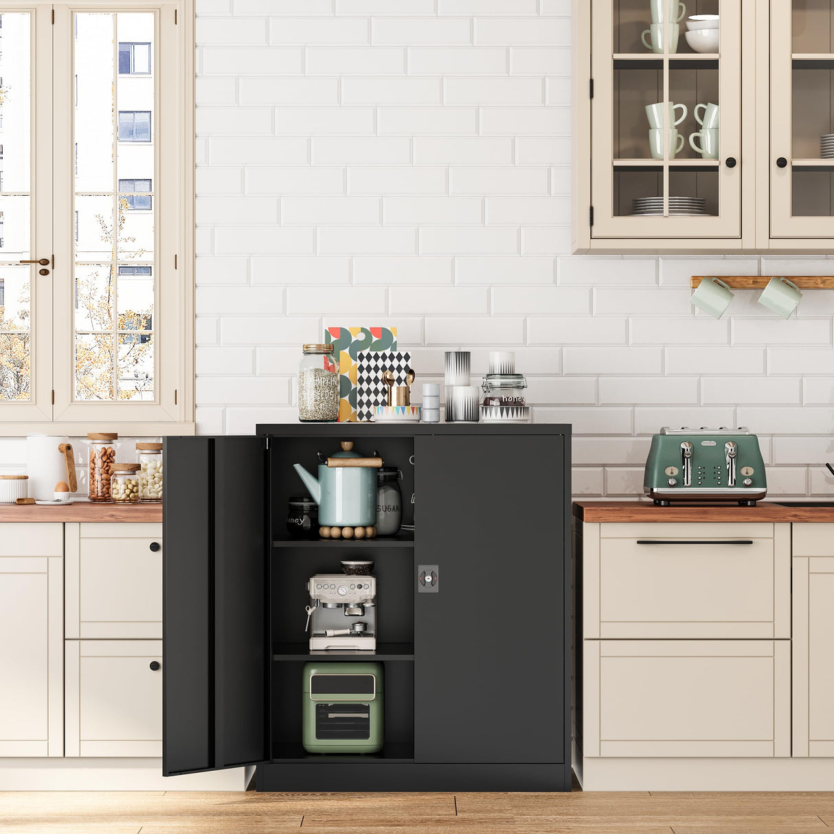 Fesbos Metal Storage Cabinet-36” Tall Steel File Cabinets with Lockable Doors and Adjustable Shelves-Black Steel Storage Cabinet for Home Office, School, Garage Fesbos