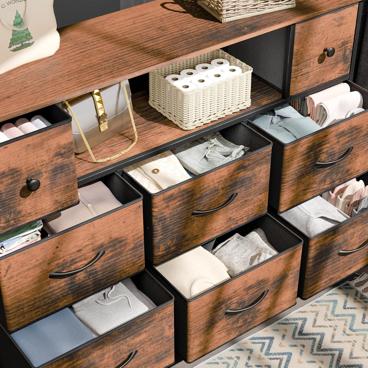 Fixwal Dresser for Bedroom with Power Outlets and LED Lights, Rustic Brown 55" TV Stand with 8 Drawers, Fabric Chest of Drawers with Wood Grain Finish for Entryway Fixwal