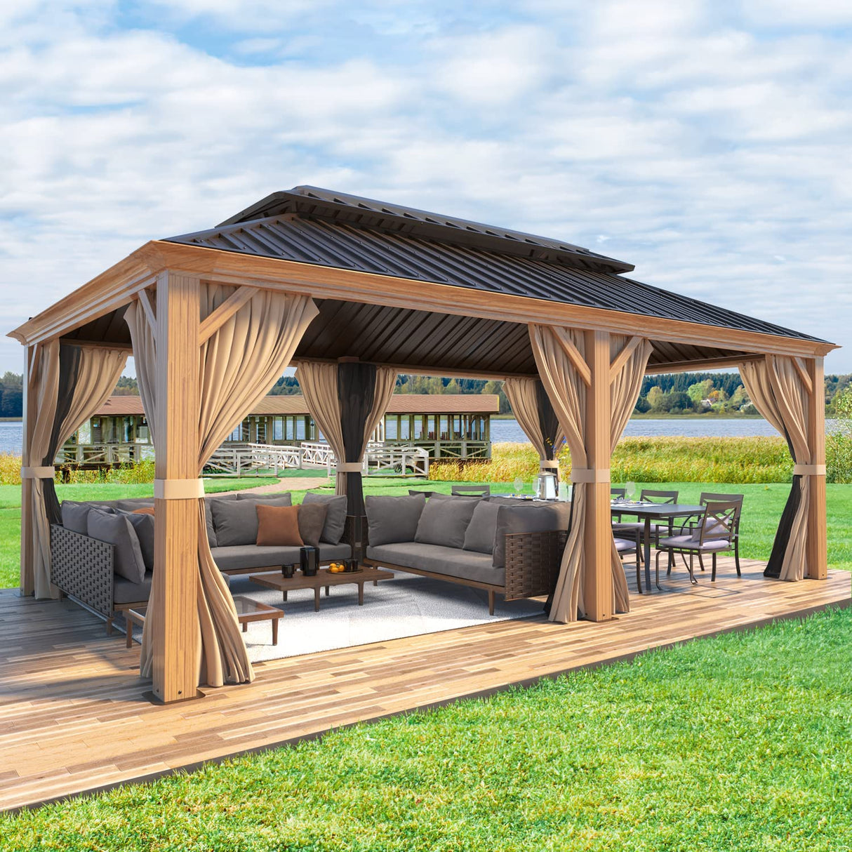 MELLCOM Hardtop Gazebo, 12' x 20' Wooden Finish Coated Aluminum Frame Gazebo with Galvanized Steel Double Roof, Brown Metal Gazebo with Curtains and MELLCOM
