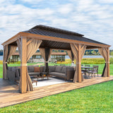MELLCOM Hardtop Gazebo, 12' x 20' Wooden Finish Coated Aluminum Frame Gazebo with Galvanized Steel Double Roof, Brown Metal Gazebo with Curtains and MELLCOM