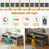 KOTEK Low Loft Bed with LED Lights & Chalkboards, Twin Loft Bed with Storage Bookcase and Under-Bed Space, Loft Bed Frame for Kids (Grey) KOTEK