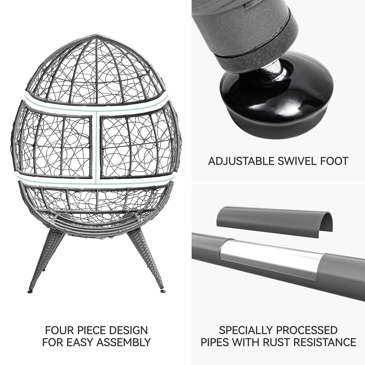 YITAHOME Egg Chair Wicker Indoor Outdoor Oversized Large Lounger with Stand Cushion Leveling Feet Egg Basket Chair 330lbs Capacity for Patio, Bedroom, Living Room, Garden, Backyard, Balcony-Grey YITAHOME