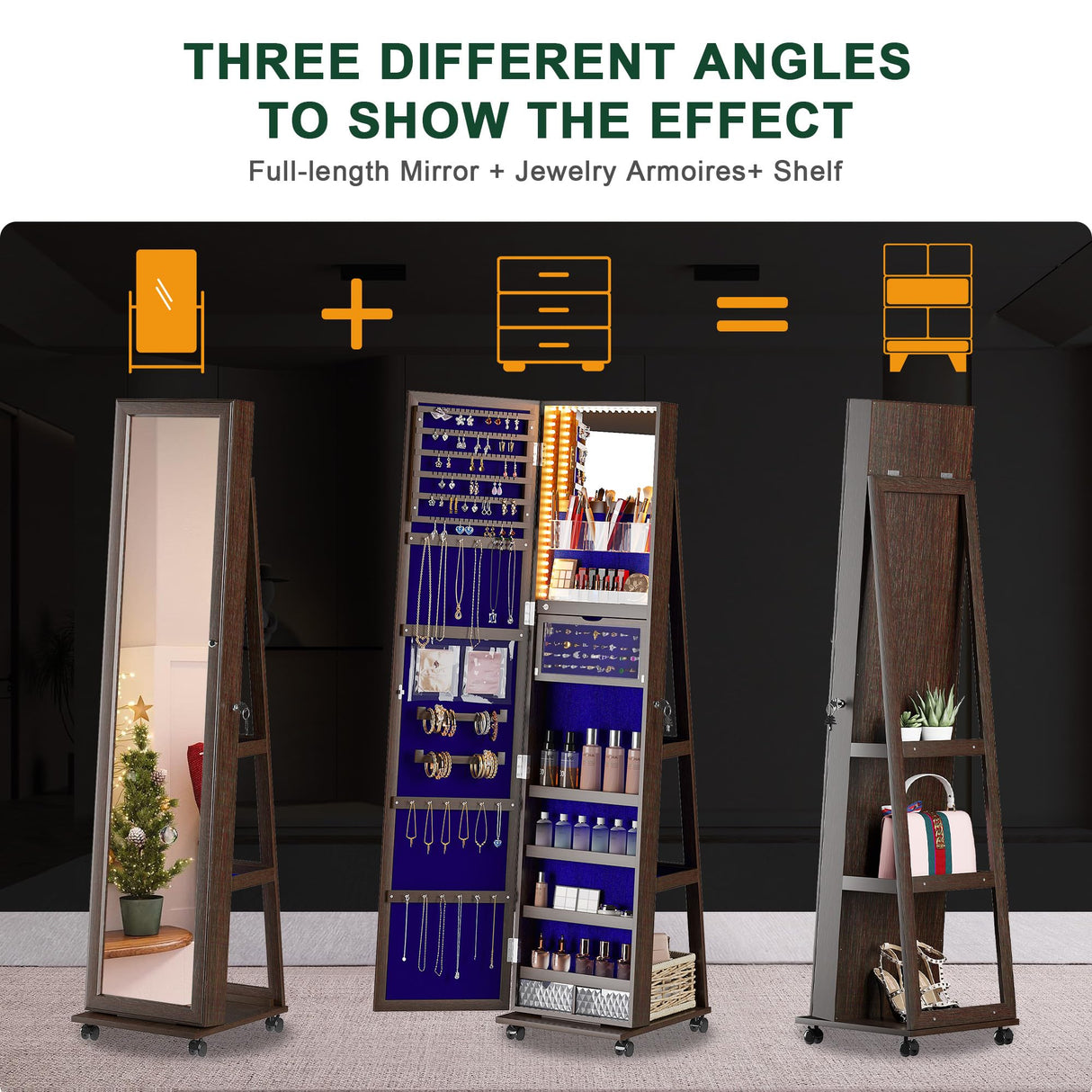 HNEBC 360° Rotating Jewelry Armoire with Lights, Lockable Mirror Jewelry Cabinet, Standing Full Length Mirror with Jewelry Storage, Large Jewelry Mirror Organizer, Wheels,Foldable Makeup Shelf (Brown) HNEBC