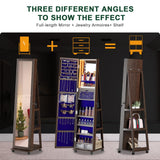 HNEBC 360° Rotating Jewelry Armoire with Lights, Lockable Mirror Jewelry Cabinet, Standing Full Length Mirror with Jewelry Storage, Large Jewelry Mirror Organizer, Wheels,Foldable Makeup Shelf (Brown) HNEBC