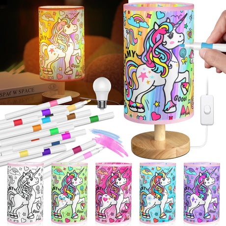 NuuNuy DIY Unicorn Night Light for Girls Room - Paint Your Own Lamp Kit with Bulb & 24 Markers, Dimmable Table Lamp with 3 Colors, Cute Room Decor, Birthday & Christmas Gifts for Girls (Unicorn) NuuNuy