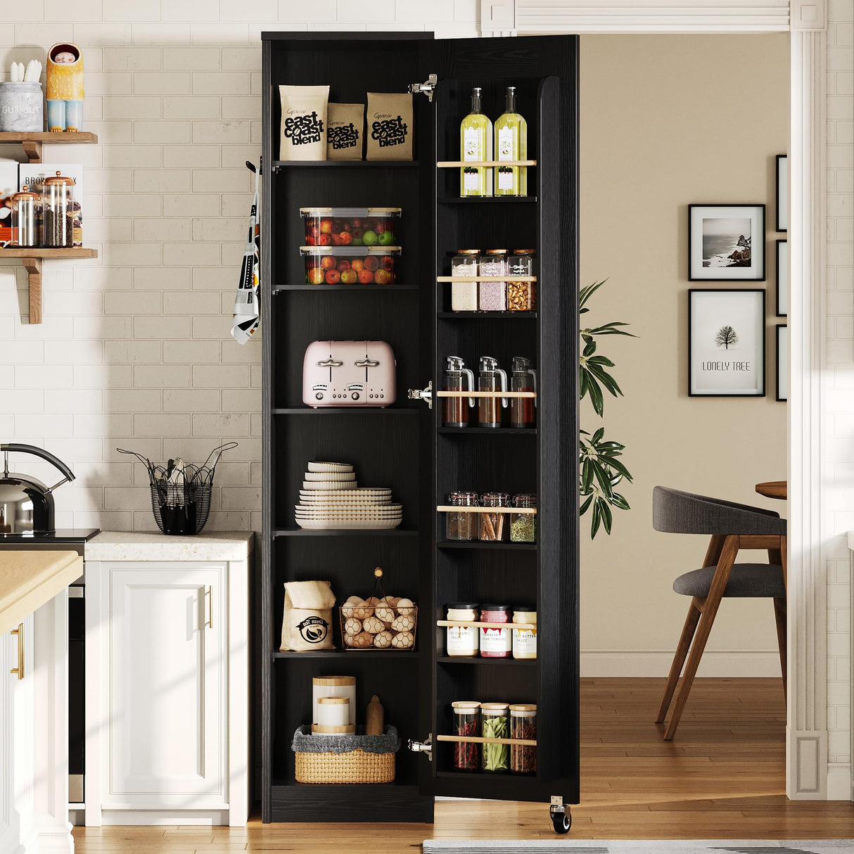 IRONCK Narrow Kitchen Pantry Storage Cabinet, 72" Slim Single Door with 6 Adjustable Shelves, Door Rack and Wheels, Space Saving Freestanding Storage Floor Cabinet for Small Place, Black IRONCK