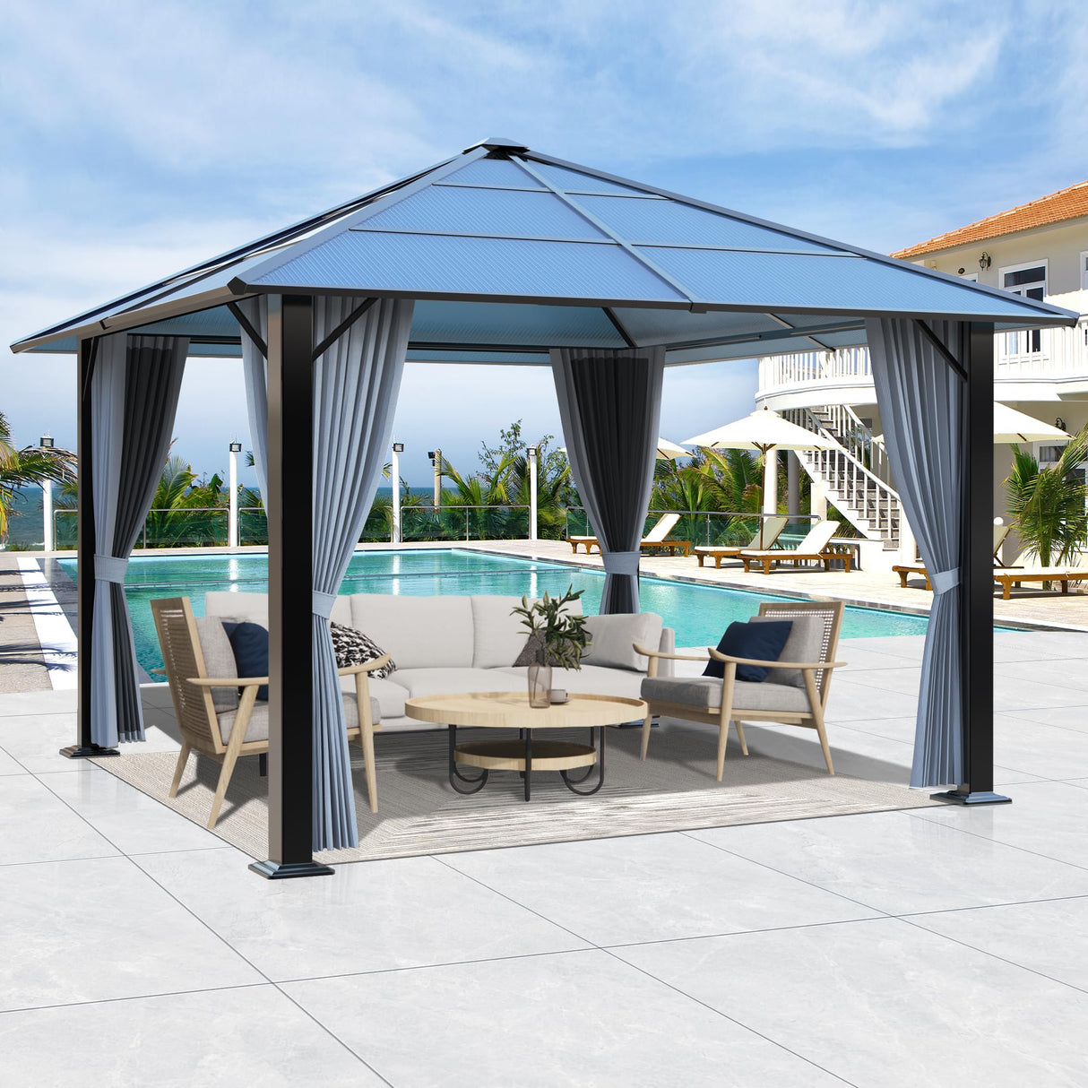 COVERONICS 10FT x 10FT Patio Polycarbonate Hardtop Gazebo with Steel Frame - Outdoor Translucent Roof Gazebo with Breathable Netting & Shaded Curtains for Porch, Lawn, Garden, Backyard, Poolside COVERONICS