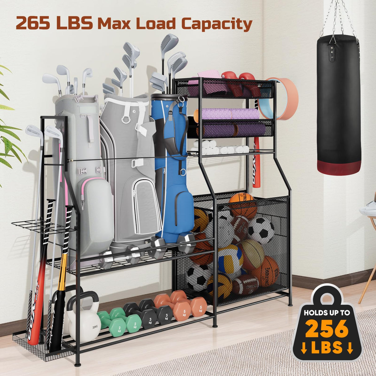 Homiesetify Garage Sports Equipment Organizer, 3 Golf Bag Organizer Stand Heavy-Duty Ball Storage Rack with Basket and Hooks, Ball Storage Cart for Toy Sports Gear Storage, Black (Large) Homiesetify