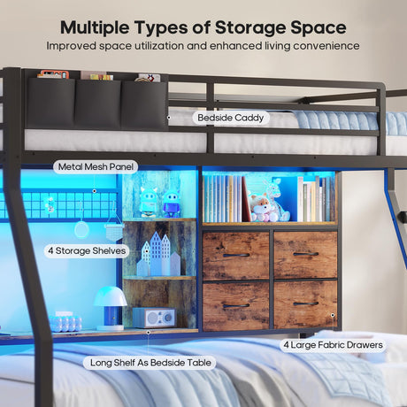 BTHFST Bunk Bed Twin Over Twin with 4 Storage Drawers & Shelves & Bedside Caddy, Twin Bunk Beds with Led Lights & Charging Station, Metal Bunk Bed with Angled Ladder & Safety Guardrail, Rustic Brown BTHFST