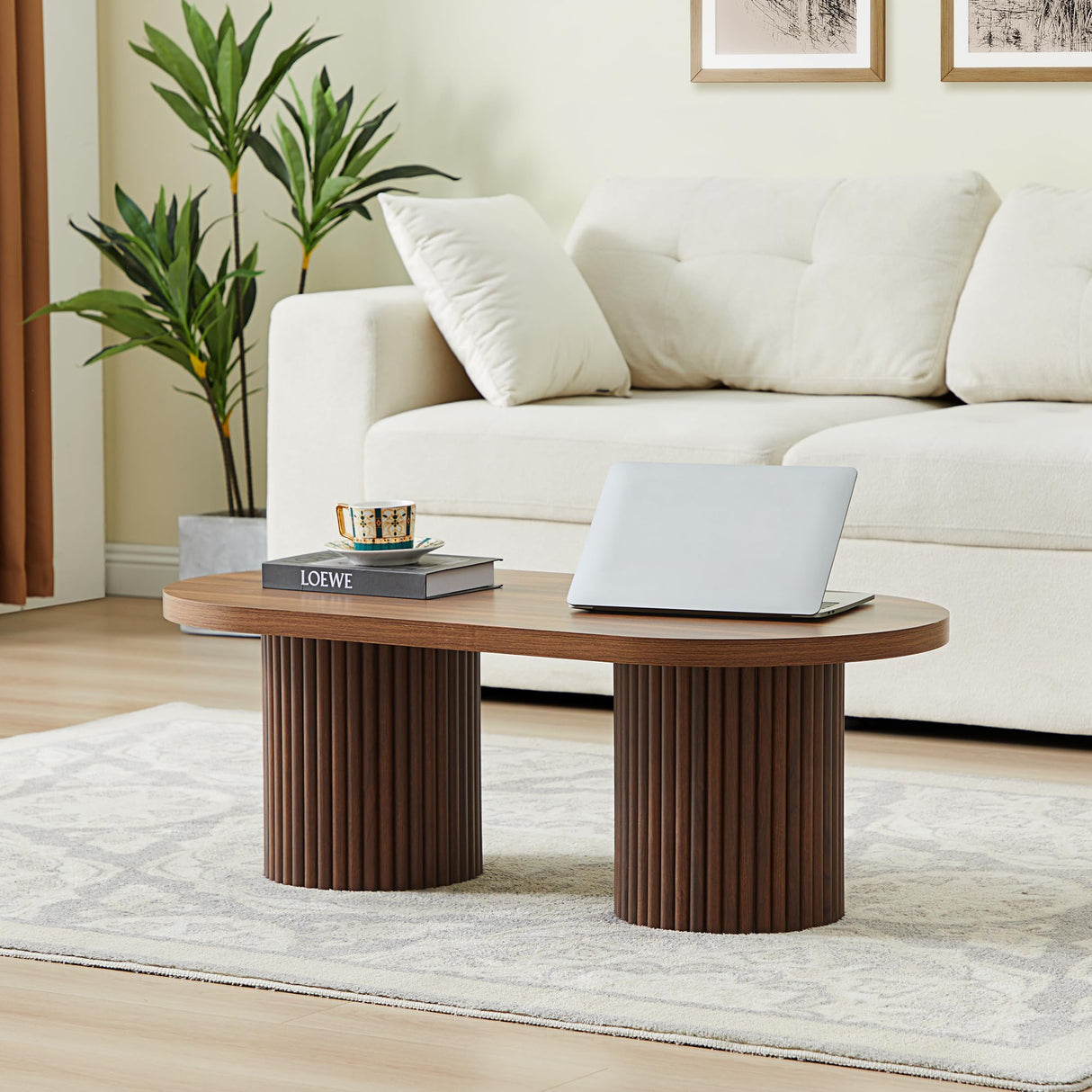 AVZEAR Oval Fluted Coffee Table for Living Room, Mid Century Modern Coffee Table with Fluted Legs, Curved Round Wooden Center Table for Home, Office, Cafe, Vintage Walnut (39.38" x 19.69" x 13.78") AVZEAR
