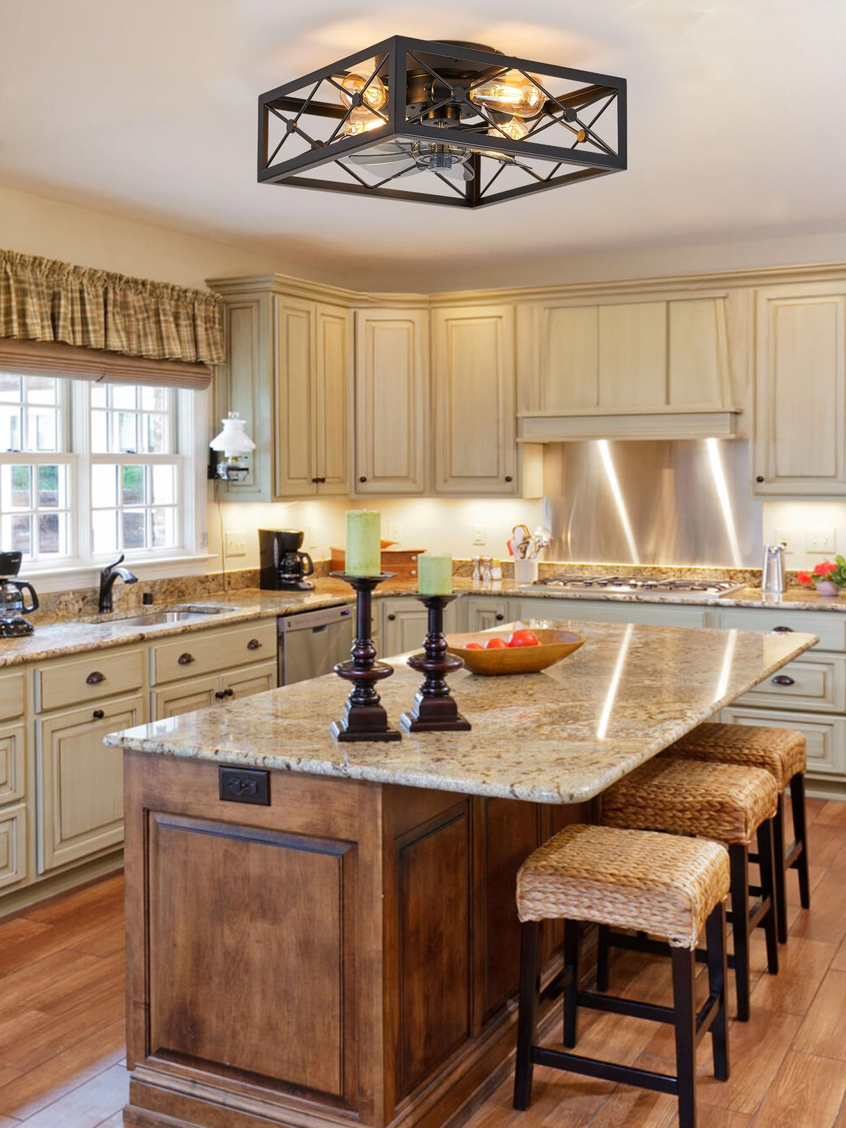 LEDIARY Caged Flush Mount Ceiling Fans with Lights and Remote, Black Square Low Profile Ceiling Fan, Small Farmhouse Bladeless Ceiling Fan for Bedroom, Kitchen, Indoor LEDIARY