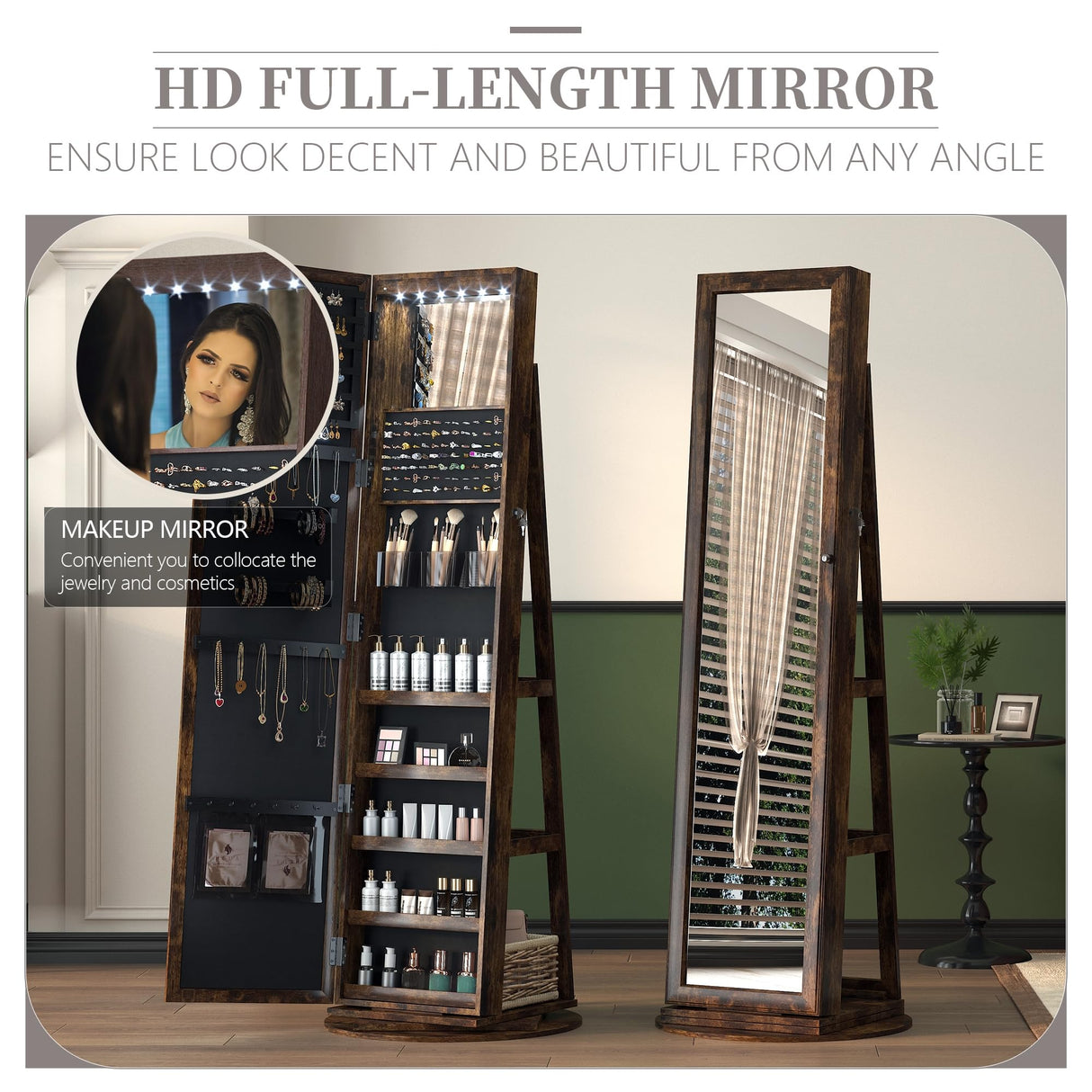 LVSOMT LED Full-Length Mirror Jewelry Armoire for Women, Free Standing Mirror with Jewelry Storage, 360° Swivel Jewelry Cabinet for Bedroom, Dressing room (Retro Brown) LVSOMT