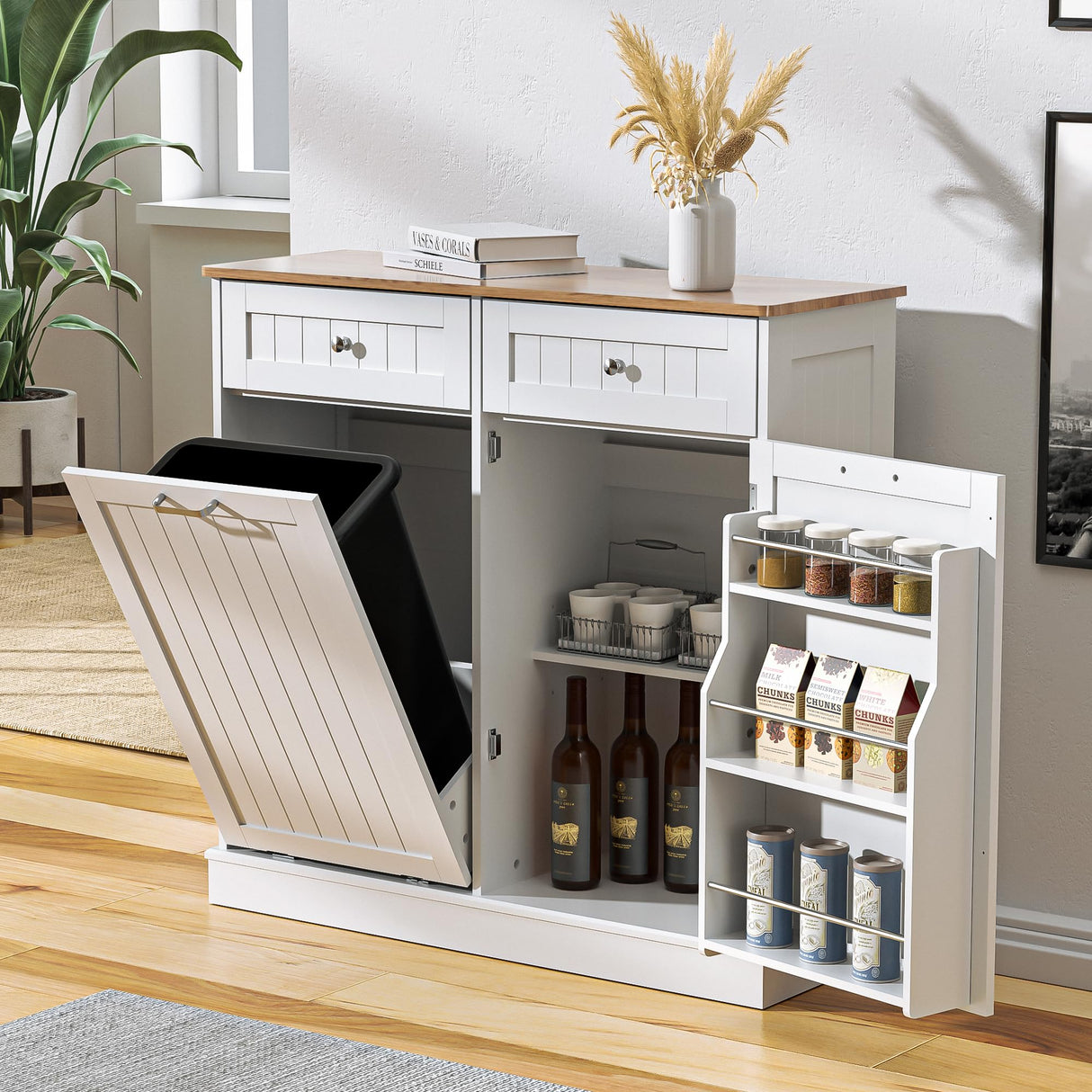 AHB 13 Gallon Tilt Out Trash Bin Cabinet with 2 Drawers, Adjustable Shelves,Kitchen Storage Cabinet with Garbage Bin Tilt Out Laundry Hamper for Kitchen, White AHB