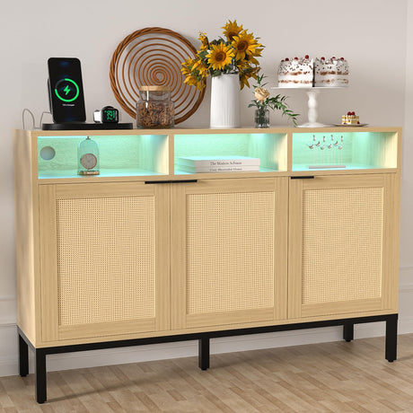 Yeyawomy Buffet Sideboard Cabinet with Storage, Storage Cabinet with LED Light and Charging Station, Rattan Sideboard Storage Cabinet, Farmhouse Kitchen Coffee Bar Cabinet, Boho Chest Storage Yeyawomy