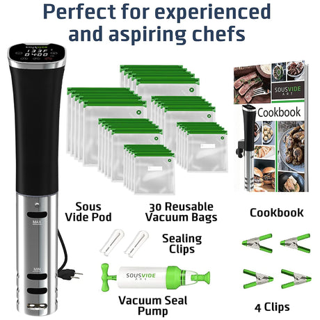 SOUSVIDE ART Sous Vide Immersion Cooker Kit - Machine with Digital Timer, Temp Control, 30 Bags, Vacuum Pump, Suvee Cooker Gift for Chefs SOUSVIDE ART