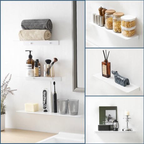 JOOM Small Metal Wall Floating Shelf - Metal Wall Shelf, Black Floating Shelf, Small Bathroom Shelf, Display Shelves for Storage (White, 8 Inch) JOOM
