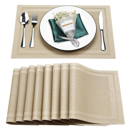 Bxzandya Placemats Set of 8,Washable,Heat and Stain Resistant Indoor/Outdoor Place mats,Vinyl Woven Non Slip Table Mats for Restaurant Table Protection,PVC Placemats(Beige,8PCS) BxzanDya