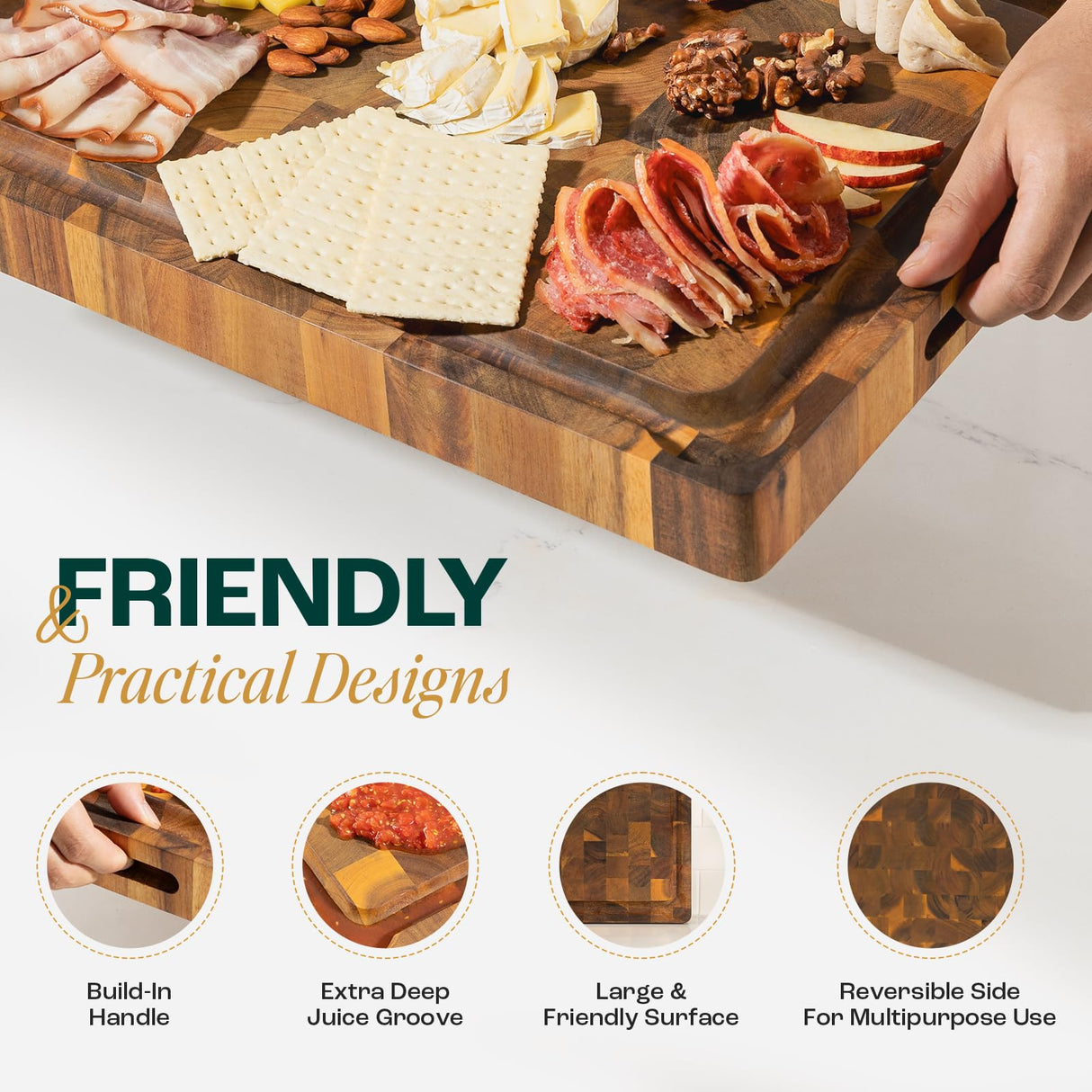 Yes4All Durable Acacia Cutting Boards for Kitchen, [17''Lx13''Wx1.5” Thick] Medium End Grain Cutting Board, Pre Oiled Wood Cutting Boards, Thick Chopping Board w/Juice Grooves and Easy Grip Handle Yes4All