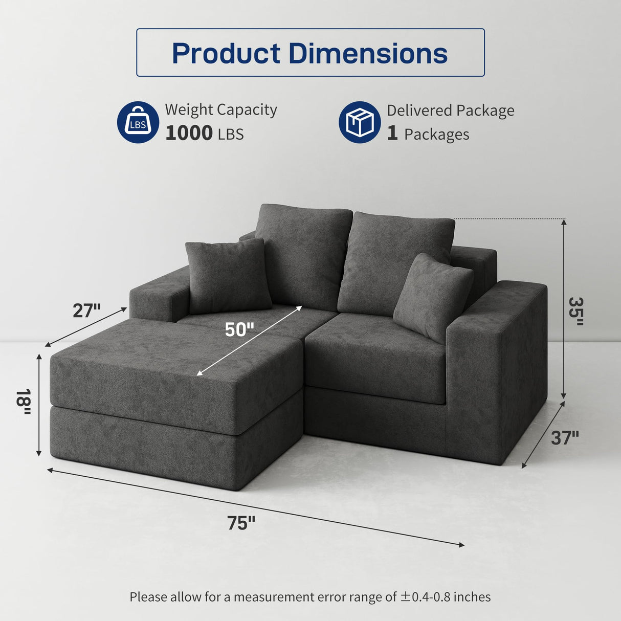 Modular Sectional Sofa, Cloud Boneless Couch with Deep Seat, Modern L-Shape Sectional Couch, Upholstered Couches for Living Room Bedroom, Convertible Foldable Sofa Bed, No Assembly, Dark Grey Living&Giving