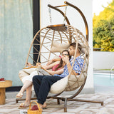 NICESOUL Double Egg Chair Outdoor Indoor, Oversized 2 Person Swing with Stand, All-Weather Large Wicker Hanging Loveseat, 700 LBS Heavy Duty Patio Swinging Seat w/Cushion for Balcony, Beige NICESOUL