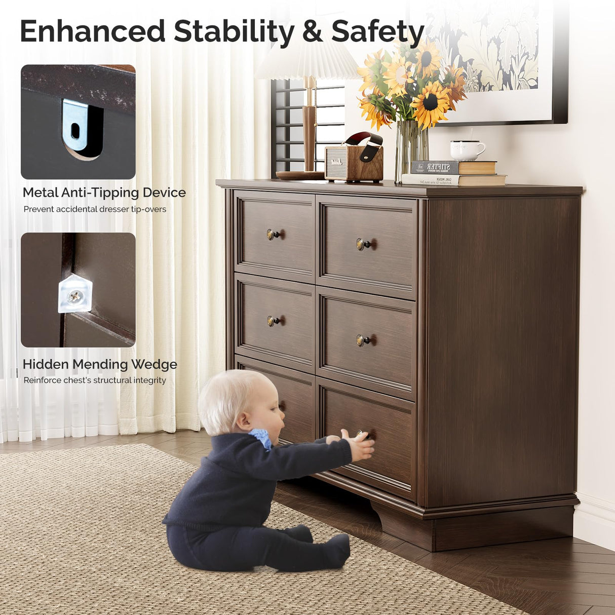 VINGLI 6 Drawer Dresser Wood, 47" Long Dresser for Bedroom, Chest of Drawers, French Vintage Brown Dressers for Living Room, Hallway, 47.24" W*15.75D*31.5" H VINGLI