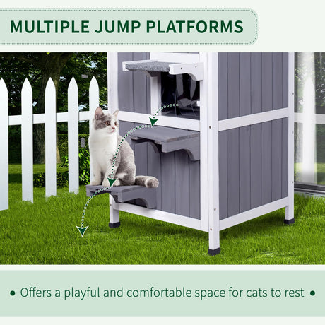 GEGURI Outdoor Cat House Weatherproof, Wooden Two-Story Feral Cat Shelter with Openable Roof, Escape Door, Balcony GEGURI