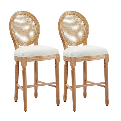 Kiztir French Country Bar Stools Set of 2 Farmhouse Rattan Counter Height Bar Stools with Round Back Upholstered Mid Century Barstools for Kitchen Island, Bar Kiztir