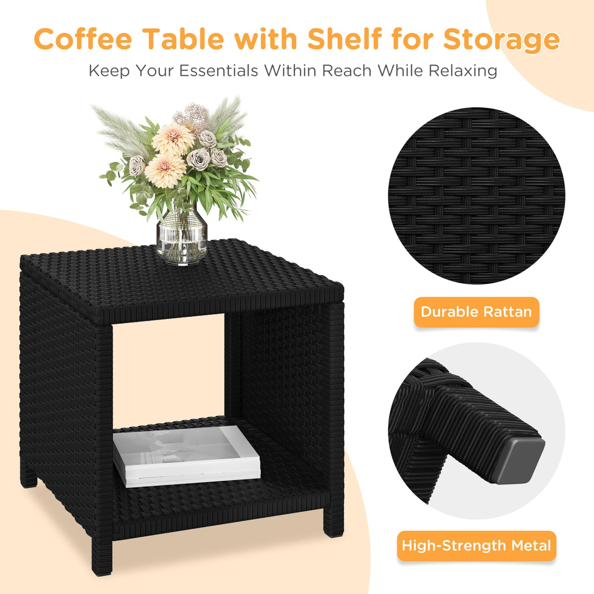 Yaheetech 5 Piece Patio Conversation Set with Ottomans, PE Wicker Balcony Furniture, Rattan Lounge Sofa with Cushions & Pillows, 2 Chairs & Side Table for Backyard, Porch, Garden, Black/Beige Yaheetech